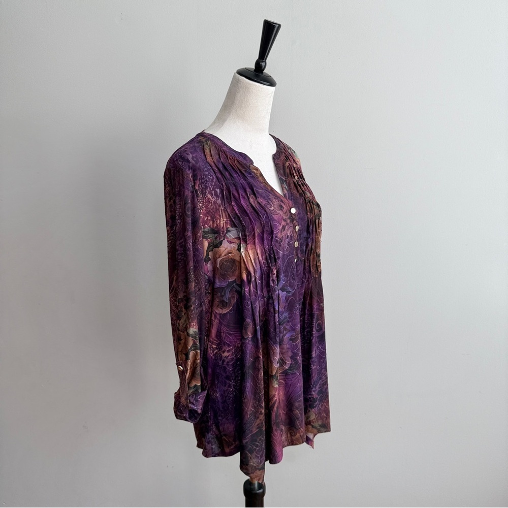 New Direction Top Tunic L Dark Floral Popover Pleated Asymmetrical Whimsigoth - Picture 5 of 6